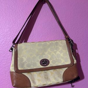 Coach Butter Yellow Signature Canvas Shoulder Bag with Brown Leather Trim